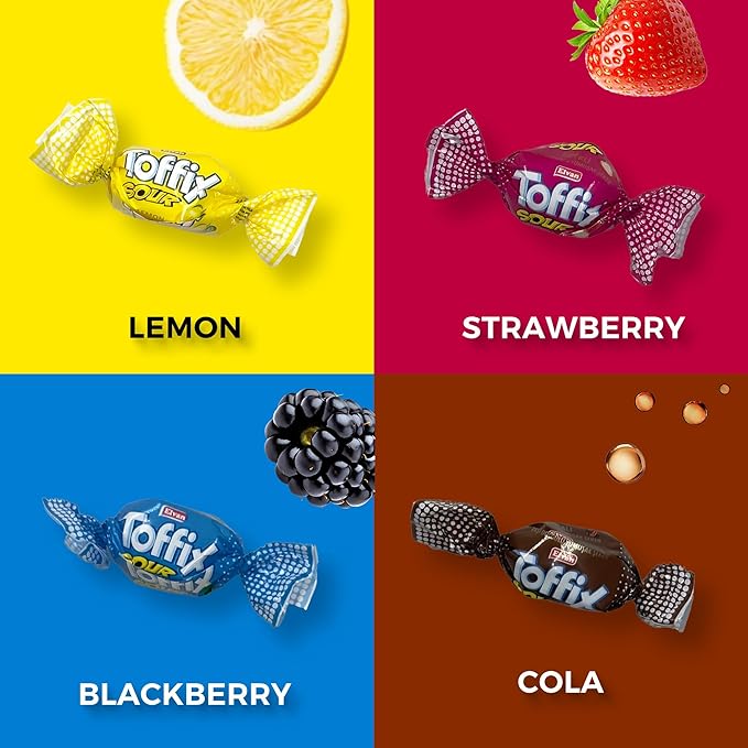 Toffix Sour Chews, Center-Filled Soft Chewy Candy, 250 Pieces of Individually Wrapped Snacks for Kids & Adults, Strawberry, Blueberry, Lemon & Cola Flavored Chewy Candies - 2 Pound Bulk Bag