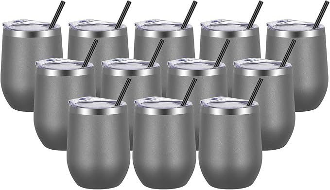 VEGOND Wine Tumblers Bulk 12 Pack, 12oz Stainless Steel Stemless Wine Glass with Lids and Straws, Double Wall Vacuum Insulated Tumbler Cup, Coffee Mug for Cold Hot Drinks