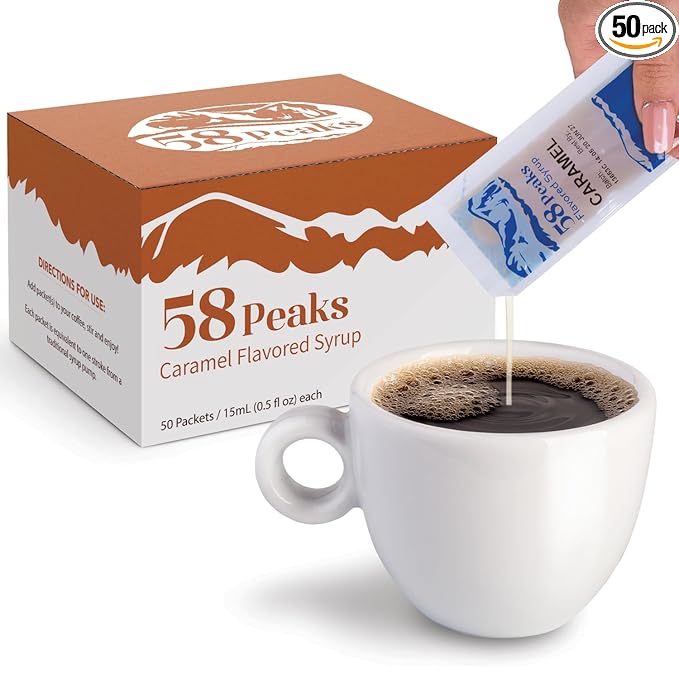 58Peaks Caramel Flavored Syrup Sweetener Packets for Hot and Cold Drinks | To-Go Syrup Flavoring Perfect for Coffee, Tea, Milkshake and More | Flavored Coffee Syrups for Travel | 15mL | 50-Pack