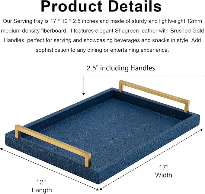 Navy Blue Decorative Serving Tray, Shagreen Leather Coffee Table Tray, Rectangle for Home Decor