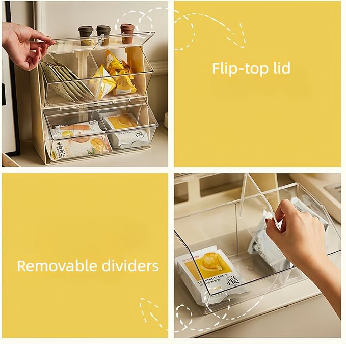 Bokelai Creamer Holder Plastic Tea Bag Organizer with Lid Large Capacity K Cup Countertop Organizer Versatile Desk Storage Station for Capsule Suger Pods Face Mask Cream/Clear