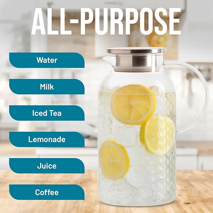 2 Liter 68 oz Glass Pitcher with Lid and Spout, Diamond Glass Carafe for Hot/Cold Water, Large Iced Tea Pitcher for Juice and Homemade Beverage