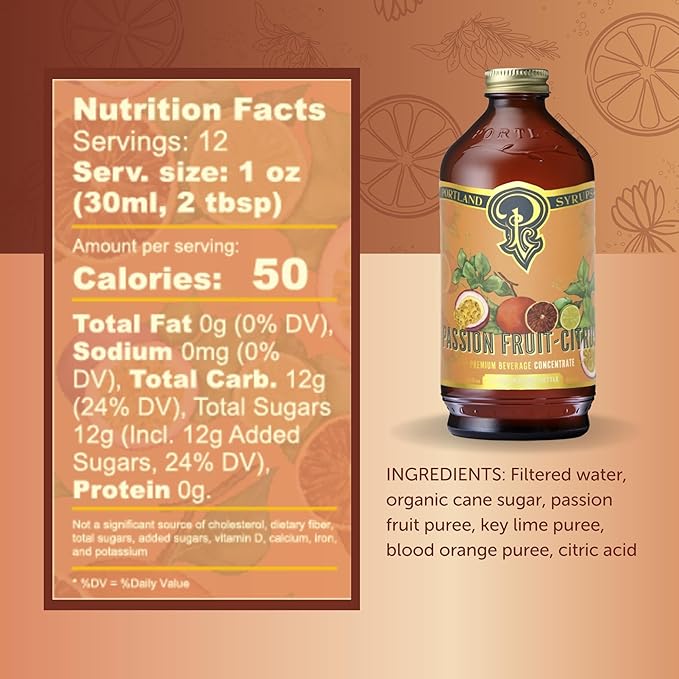 Portland Syrups Passion Fruit Citrus Syrup - Craft Tropical Sensations for Cocktails, Mocktails, Soda, and More - 12 oz with 10-15 Servings - Natural Organic Sugar, Lower Sugar Mixer