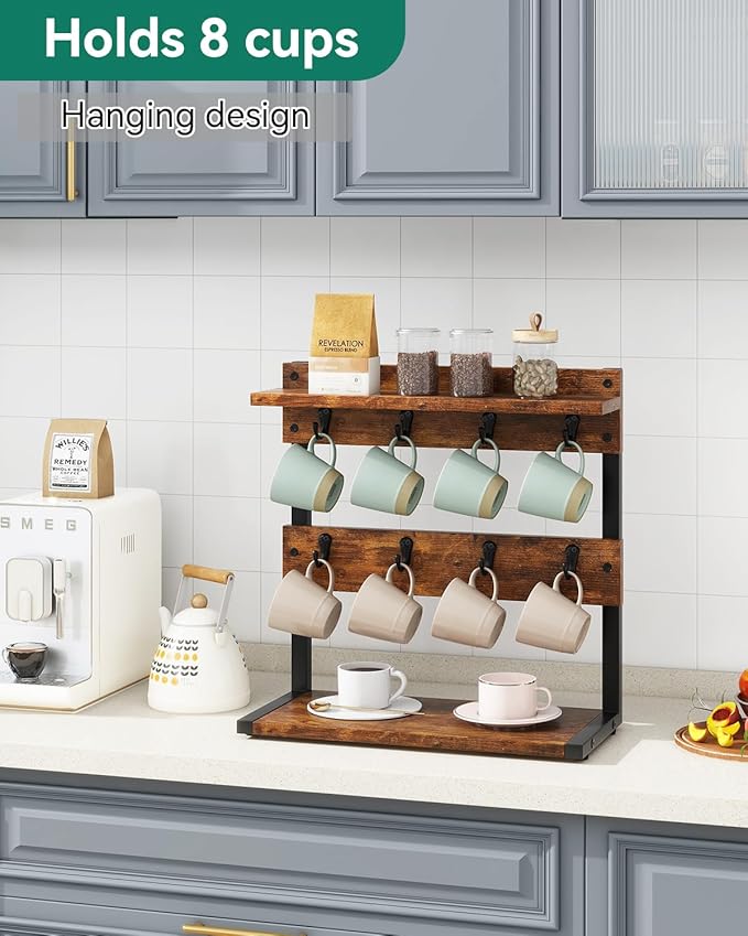IBUYKE Rustic Coffee Mug Holder Stand, 2 Tier Countertop Mug Tree Holder Rack with Storage Base, Vintage Mug Holders for Kitchen, Holds 8 Mugs, Rustic Brown UTBJ002H