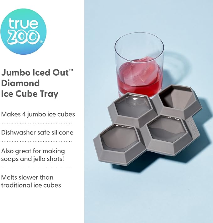 TrueZoo Jumbo Iced Out Diamond Ice Tray, Easy Release Silicone Ice Mold for Whiskey, Cocktails, Spirits, Iced Tea, Beverages, Bar Cart Accessories, Kitchen & Home Bar Gifts, Set of 1, Grey