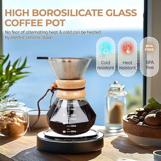 Pour Over Coffee Maker 800ml with 304 Stainless Steel Filter and Wooden Collar Holder Borosilicate Glass Drip Coffeemaker Server Set Clear Hand Brew Dripper Carafe for Home Camping Travel 27oz