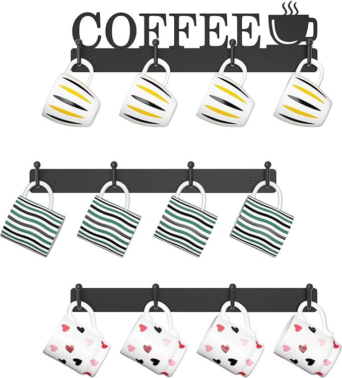 EsLuker.ly Mug Holder Rack Coffee Cup Hanger Wall Mount, Metal Wall Cup Shelf Organizer Stand with 12 Hooks, Fits Most Mugs Display for Home Kitchen, Space-Saving Coffee Bar Enhancer, Set of 3, Black