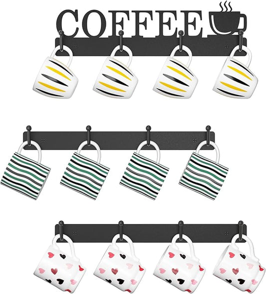 EsLuker.ly Mug Holder Rack Coffee Cup Hanger Wall Mount, Metal Wall Cup Shelf Organizer Stand with 12 Hooks, Fits Most Mugs Display for Home Kitchen, Space-Saving Coffee Bar Enhancer, Set of 3, Black