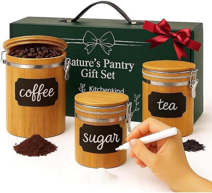 Nature’s Pantry Gift Set – 3 Bamboo Airtight Canisters for Tea, Coffee & Sugar – Storage Jars with Chalk Labels & Marker – Premium Sage Green Gift Box