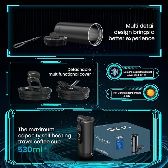 Heated travel intelligent constant temperature coffee cup 20 ounces, wireless charging base coffee service set with coffee cup that maintains constant temperature for 4-10 hours(Black, 20 oz)