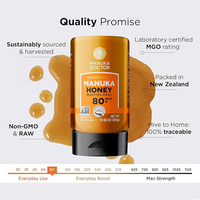 Manuka Doctor - MGO 80+ Squeezy Manuka Honey Multifloral, 100% Pure New Zealand Honey. Certified. Guaranteed. Raw. Non-GMO (10.58 oz)