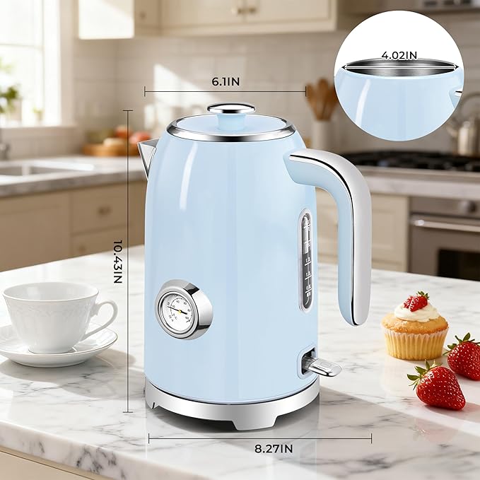 SUSTEAS Electric Kettle - 57oz Hot Tea Kettle Water Boiler with Thermometer, 1500W Fast Heating Stainless Steel Tea Pot, Cordless with LED Indicator, Auto Shut-Off & Boil Dry Protection, Blue