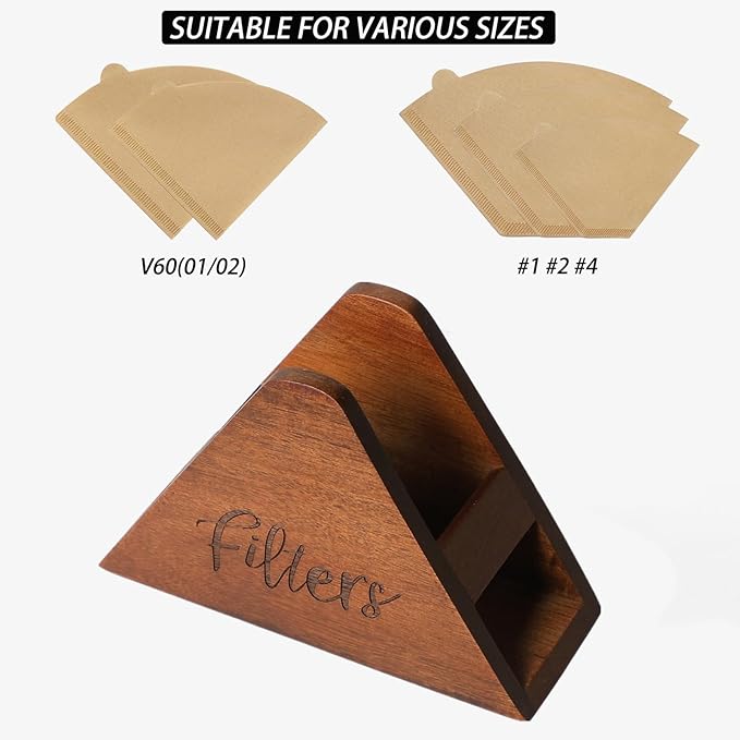 Acacia Wood Coffee Filter Holder,Coffee Filter Storage Organizer,Coffee Bar Decor,Storage for Square Cone shaped and Flat bottomed Pour Over Paper Filters