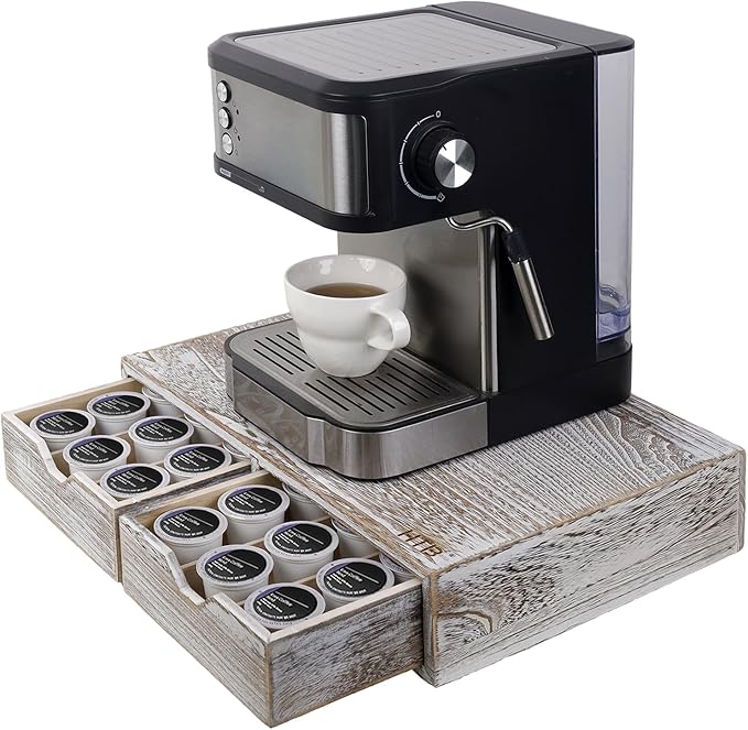 HTB K Cup Holder Compatible with K Cups, Coffee Pod Holder Holds Up 30 Cups, K Cup Organizer Storage Drawer Wood K Cup Drawer Vintage White