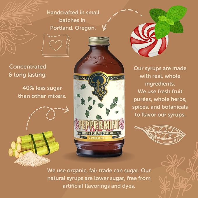 Portland Syrups Peppermint Syrup for Lattes, Coffee & Mocktails - Organic Cane Sugar & Peppermint for Hot Cocoa & Holiday Recipes - Rich Flavor & Whole Ingredients - 12 oz, 12-24 Servings (Pack of 1)