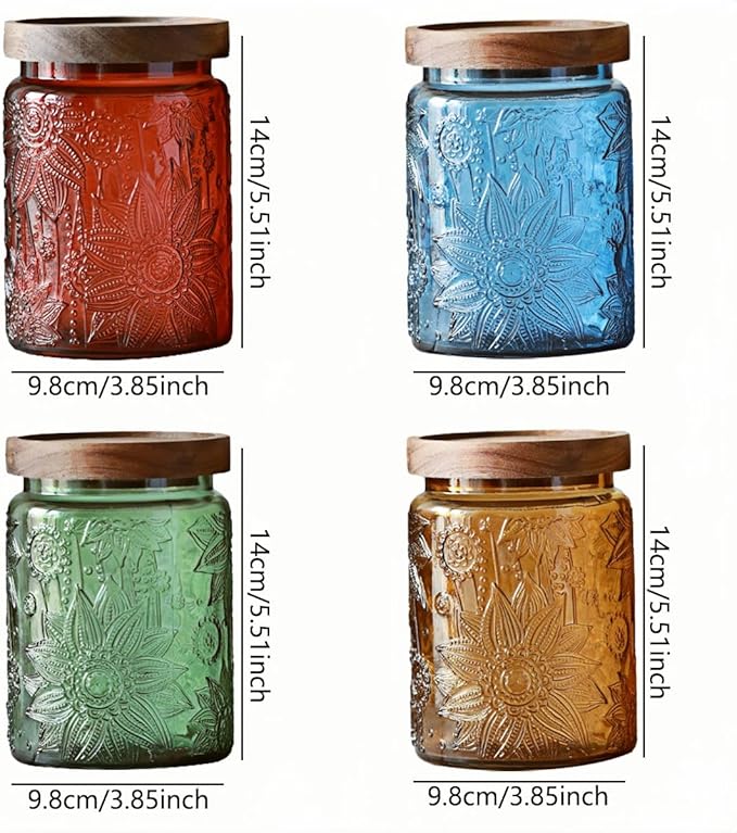 ANSQU Set of 4 Vintage Glass Storage Jars, 23.7oz Glass Coffee Canisters Decoraitve Mason Jars Sugar Containers with Airtight Wooden Lids for Kitchen Pantry, Cookie Jars (Sunflower)
