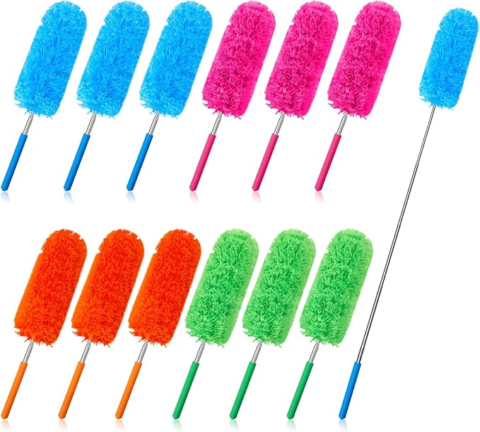 Tanlade 12 Pcs Microfiber Feather Duster for Cleaning 13-31 Inch Extendable Cobweb Dusters Ceiling Fan Duster Washable Bendable Tool for Office Car Window Furniture (Stylish Color)