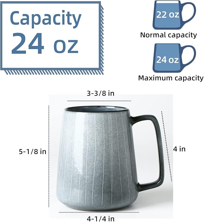 Large Ceramics Coffee mugs, 24 oz Extra Large Tea and Coffee Cup, Big Handle Coffee Mugs for Office and Home, Microwave and Diahwasher Safe. (24 oz grey line)