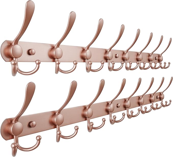 Dseap Coat Rack Wall Mount - 29.5” Long 8-Tri-Hooks Heavy Duty Coat Hanger Rail Wall Hooks for Hanging Coats Hats Clothing Clothes Purse Mudroom Entryway, Rose Gold, Pack of 2