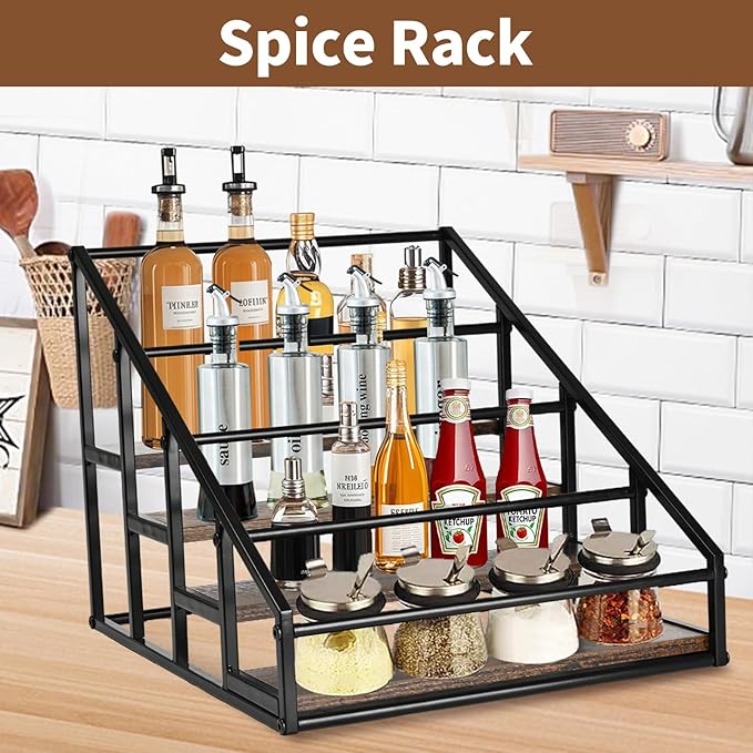 Coffee Syrup Rack Organizer,Liquor Bottle Display Shelf,Water cup display stand,Spice Rack Kitchen Cabinet Organizer,Rustic Brown,2 Packs 4 Tier 16 Bottle Coffee Syrup Holder