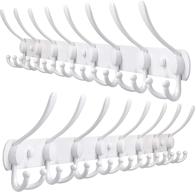 Dseap Coat Rack Wall Mount - 29.5” Long 8-Tri-Hooks Heavy Duty Coat Hanger Rail Wall Hooks for Hanging Coats Hats Clothing Clothes Purse Mudroom Entryway, White, Pack of 2