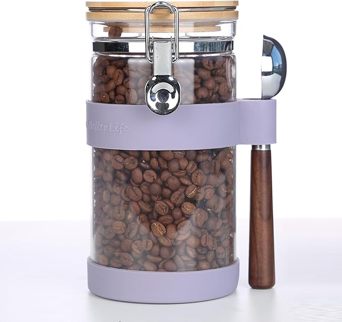 KKC Airtight Coffee Canister, Glass Coffee Bean Storage Contaienr with Silicon Scoop Holder, Non-Slip Silicon Coffee Storage Canister with Spoon for 1 lb Bean,40 Fluid-oz,Taro Purple