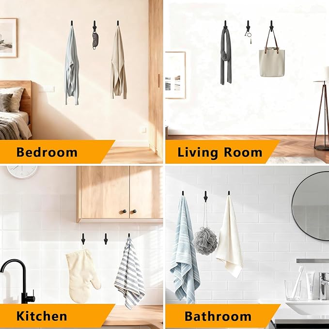 10 Pack Wall Hooks for Hanging, Heavy Duty Metal Double Coat Hooks Wall Mount, Includes Hardware for Bathroom, Bedroom, Closet and Kitchen (Black)