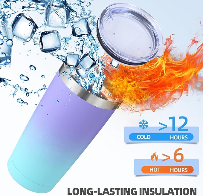 Volhoply 20oz Stainless Steel Tumbler with Lid and Straw Bulk 4 Pack,Double Wall Insulated Travel Iced Coffee Mug Fits Cup holder,Powder Coated Cups for Cold Drinks,Gifts for Women（Purple Bule,4 Set）