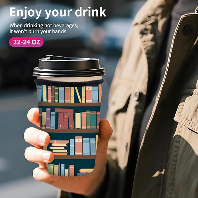 Reusable Neoprene Insulator Sleeve for Iced Coffee Cups, Medium 22-28oz Durable Drink Sleeve for Cold Beverages, Cute Beverage Holder Cup Sleeve for Women Men Cute Bookshelf