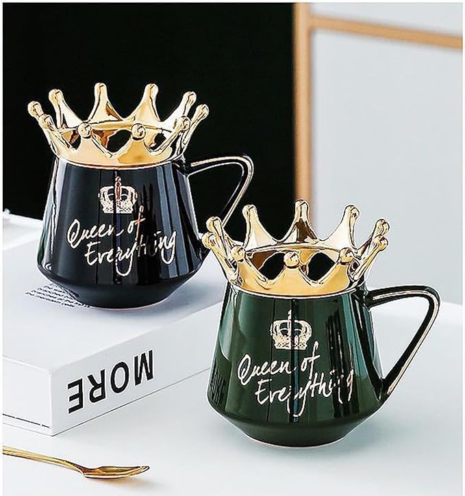 Queen of Everything Mug with Lid Sweet Black Mug with Crown Coffee 12 oz Mug Gift with Spoon & Coaster Ceramic Tea Mug Birthday Gift for Women Girls Mom Girlfriend