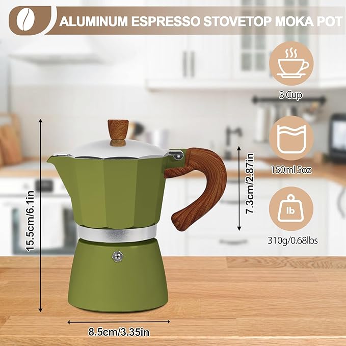 Aluminum 3 Cup 150ml Moka Pot Express Coffee Maker Stovetop Espresso Colorful Coffeemaker Italian Classic Style Brewing Greca Cafe Mocha Machine for Cafeteras Lover Camping Travel and Home Use 5oz