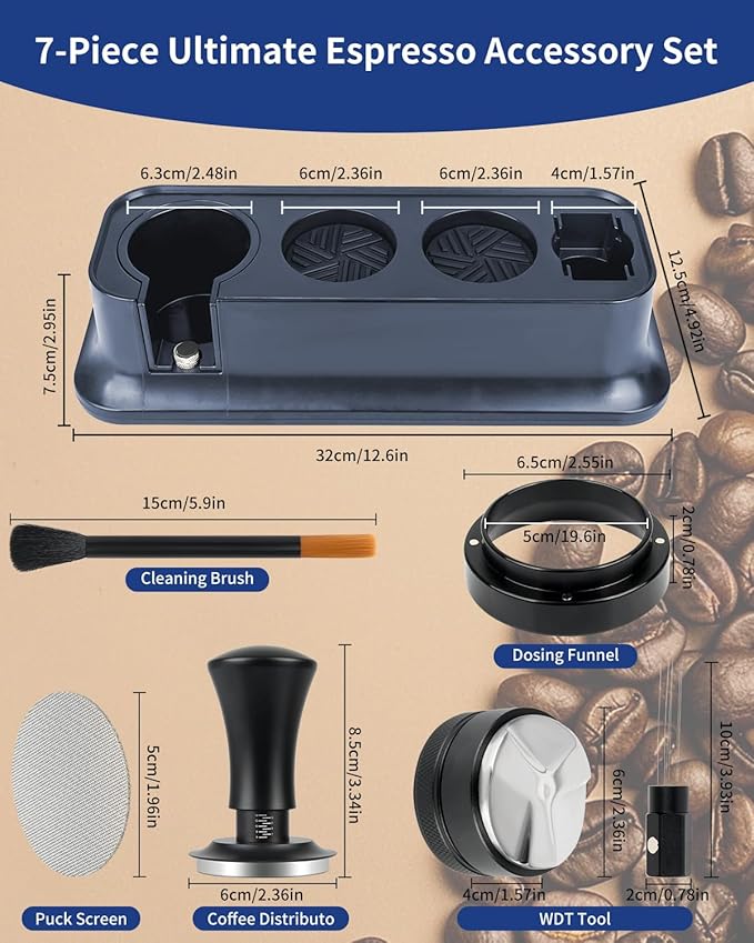 7 Pack 54mm Espresso Accessories – Tamper Station, Coffee Distributor, WDT Tool, Tamping Mat, Dosing Funnel, Brush & Puck Screen – Barista Tools Kit for Espresso Machines at Home or Cafe