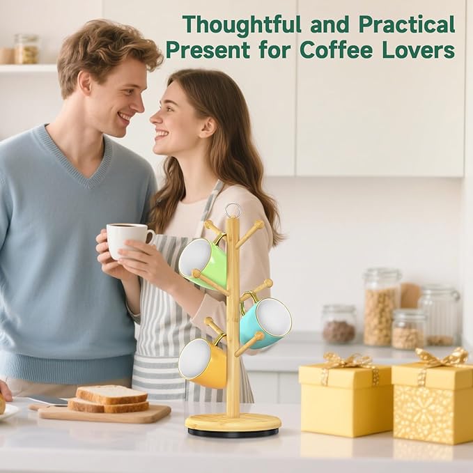 EsLuker.ly Mug Holder Tree Bamboo 360° Rotating Coffee Cup Display Rack with 6 Hooks for Home Kitchen Counter, Upgrade Wood Mug Stand Station Organizer, Building Your Dream Coffee Corner