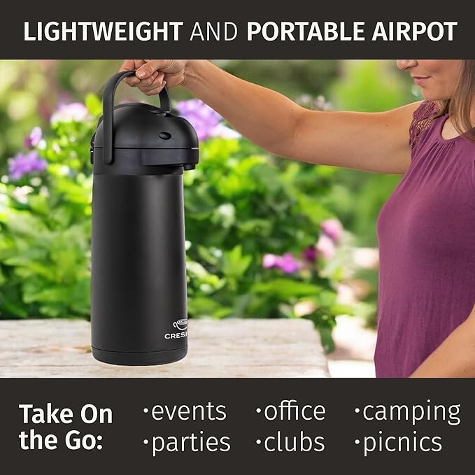 Airpot Coffee Dispenser With Pump, Black - 12 Hours Hot Water Dispenser with Pump, 36 Hours Cold - Coffee Thermal Carafe for Hot Drinks, Tea Flask for Beverages -Large Carafe w/ One-Handed Dispensing