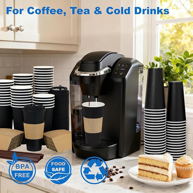 20 oz 50 Pack Coffee Cups with Lids and Sleeves, Straws, Hot Disposable To Go Travel Paper Cups Bulk for Office, Home Coffee Bar Accessories, Chocolate, Cocoa, Beverage (Black)