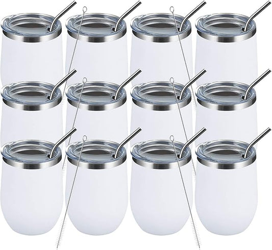 MEWAY 12 OZ/12 Pack Wine Tumbler Glasses with Lid -Double Wall Vacuum Stainless Steel Travel Tumbler Mug,Stemless Insulated Wine Cup for,Coffee,Cocktails,Gifts (White,Set of 12)