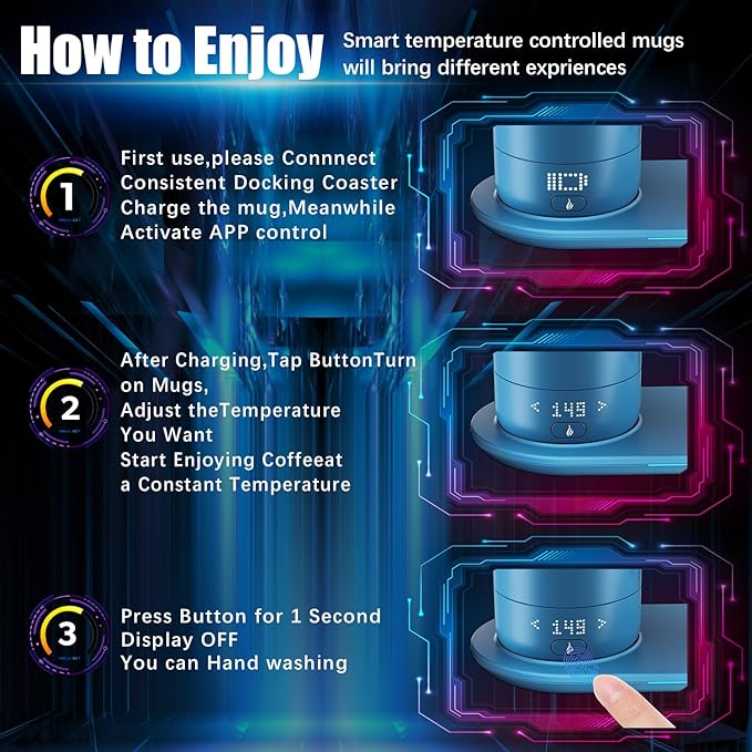 Smart Self Heating Coffee Mug 18 Oz Temperature Control Heated Coffee Mug App Controlled Warmer Mug 5-10 Hour LED Display Keep Coffee Hot All Day Fast Wireless Charger Base Lake Blue