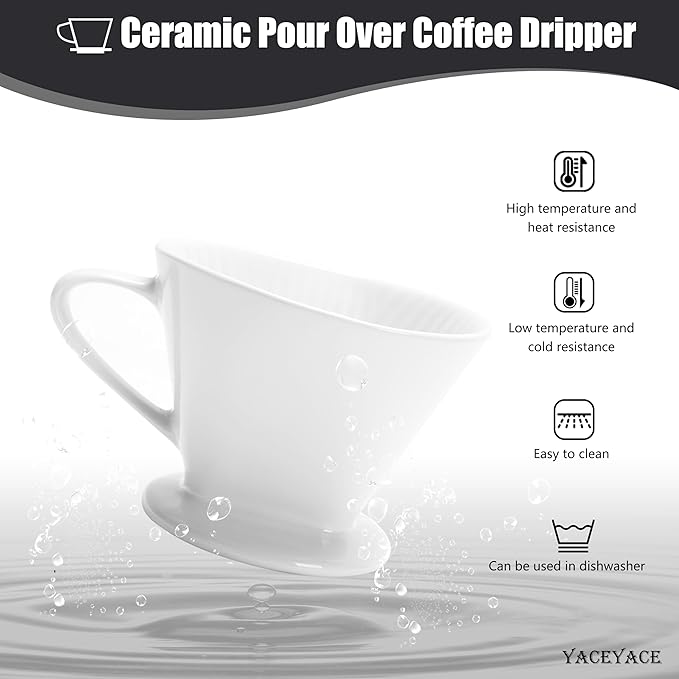 Pour Over Coffee Maker, Single White Ceramic Coffee Dripper with 3 Holes, Large Coffee Pour Over for Shop, Office, Home