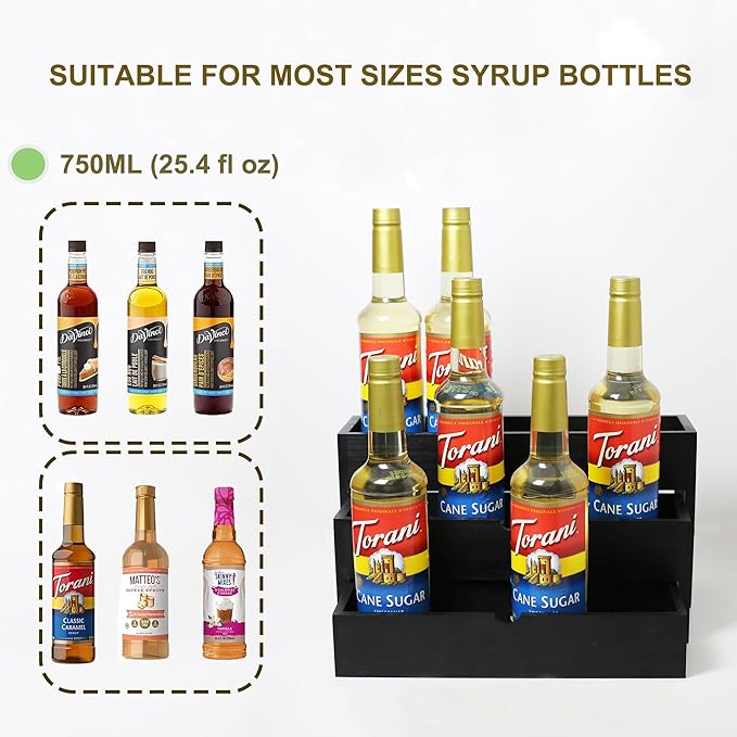 Black Wood Coffee Syrup Rack Organizer, 3-Tier Separated Bottle Holder for Coffee Bar, 12 Bottle(750ml) Storage Stand for Syrup, Wine, Dressing