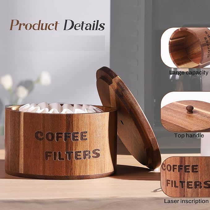 Natural Acacia Wood Coffee Filter Holder with Lid, Multi-Use Countertop Organizer for Coffee Filters, Pods, Beans - Rustic Kitchen Decor