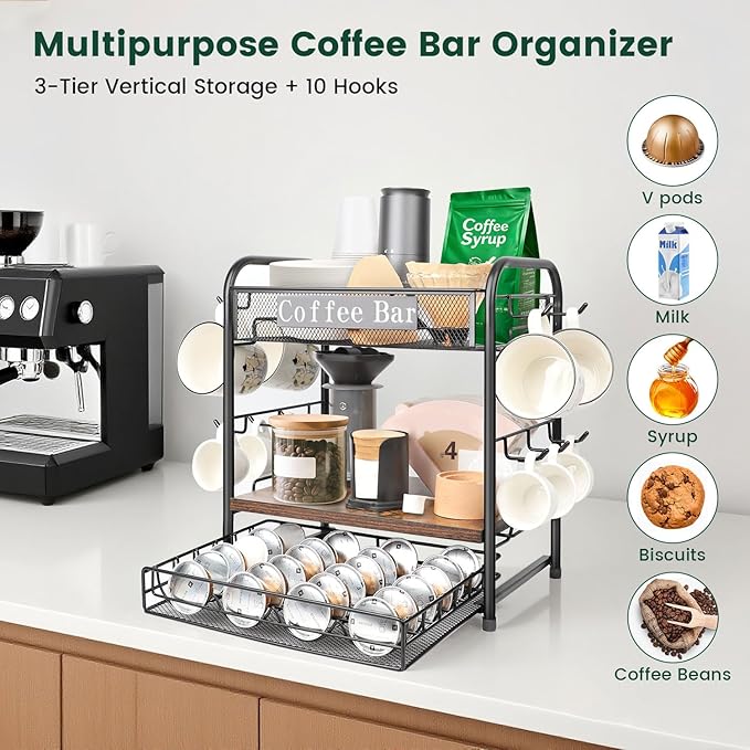 Coffee Bar Organizer, Station Mug Holder for Countertop, Multi-Functional 3 Tier Coffee Cup Tree Rack for Kitchen, Storage Shelf with 10 Hooks, Vertuo Pods Drawer for Home Office
