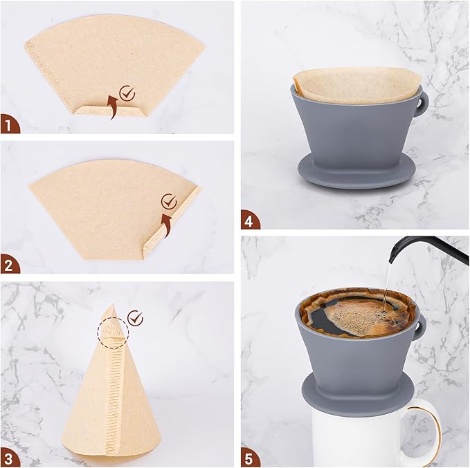 Segarty Pour Over Coffee Dripper, Single Cup Gray Silicone Manual Coffee Maker Set with 200PCS Size #2 Cone Coffee Filter Papers, Drip Coffee Pourover Brewer Filter Holder for Travel Outdoor Camping