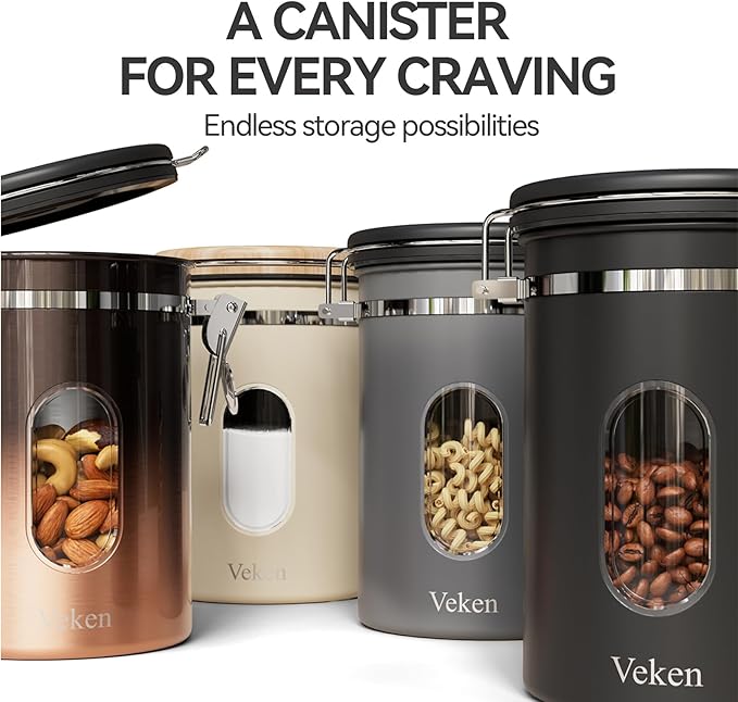 Veken Coffee Canister with Window,Airtight Stainless Steel Container,Home Kitchen Food Storage Organizers for Grounds,Beans,Espresso,Rice,Tea,Sugar,Cereal, Flour,Scoop,Bar Accessories,Gifts,22OZ,Black