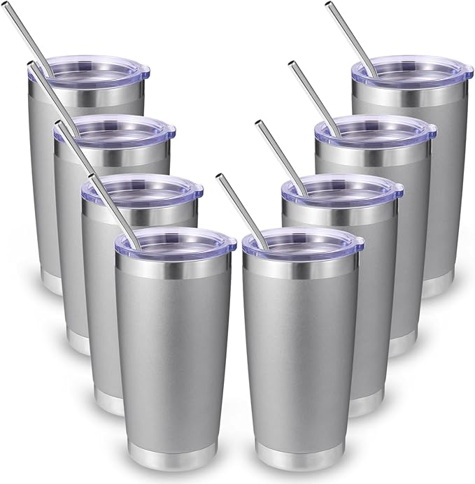 Volhoply 20oz Stainless Steel Tumbler with Lid and Straw Bulk 8 Pack,Double Wall Insulated Travel Iced Coffee Mug Fits Cup holder,Powder Coated Cups for Hot/Cold Drinks,Gifts for Women（Gray,8 Set）