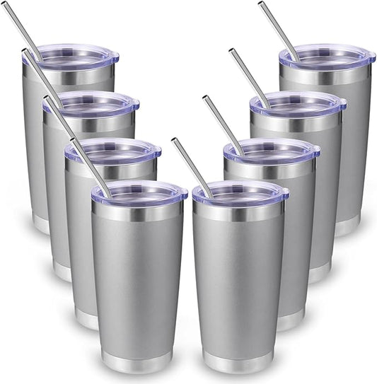 Volhoply 20oz Stainless Steel Tumbler with Lid and Straw Bulk 8 Pack,Double Wall Insulated Travel Iced Coffee Mug Fits Cup holder,Powder Coated Cups for Hot/Cold Drinks,Gifts for Women（Gray,8 Set）