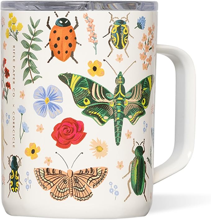 Corkcicle x Rifle Paper Co. Triple Insulated Coffee Mug with Lid & Handle - Keeps Beverages Hot for 3+ Hours - Gift for Mom - Great for Mother's Day or Christmas - 16 oz - Curio Cream