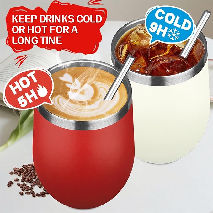 12oz/4 Pack Stainless Steel Wine Tumbler with Lid and Straw, Double Wall Vacuum Insulated Wine Tumbler Glasses, Stemless Travel Mugs for Hot and Cold Drinks, Coffee, Wine, Cocktails