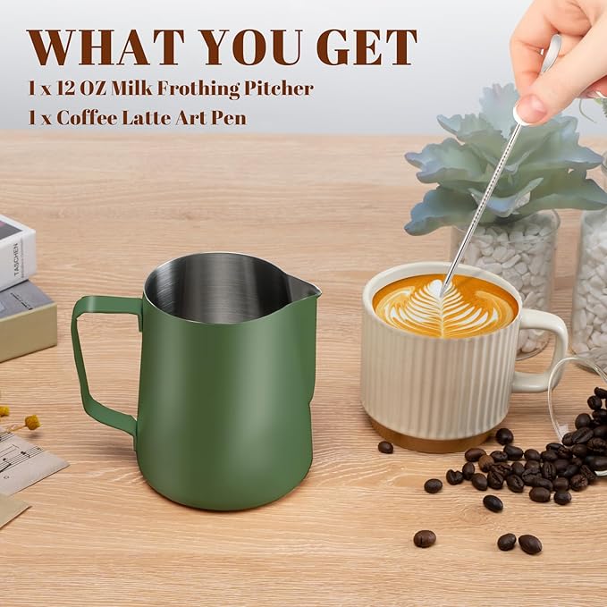 Milk Frothing Pitcher, 12 oz Milk Frother Cup with Clear Scale, 304 Stainless Steel Cappuccino Espresso Machine Accessories for Barista Coffee Bar with Latte Art Pen, Green