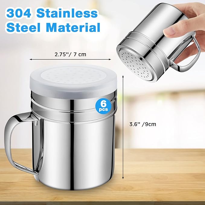 Lallisa 6 Pcs 10oz Stainless Steel Salt and Pepper Shakers with Lid and Handle Dredge Spice Seasoning Condiment Popcorn Salt Shaker Powder Sugar Flour for Cooking Kitchen Baking