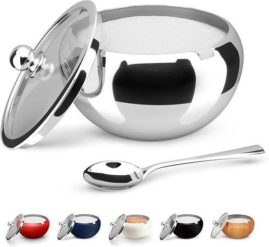 KooK Sugar Bowl with Lid and Spoon, Container with Lid, for Salt, Coffee, Holds 2 Cups, Dishwasher Safe, Stainless Steel, 16 Oz